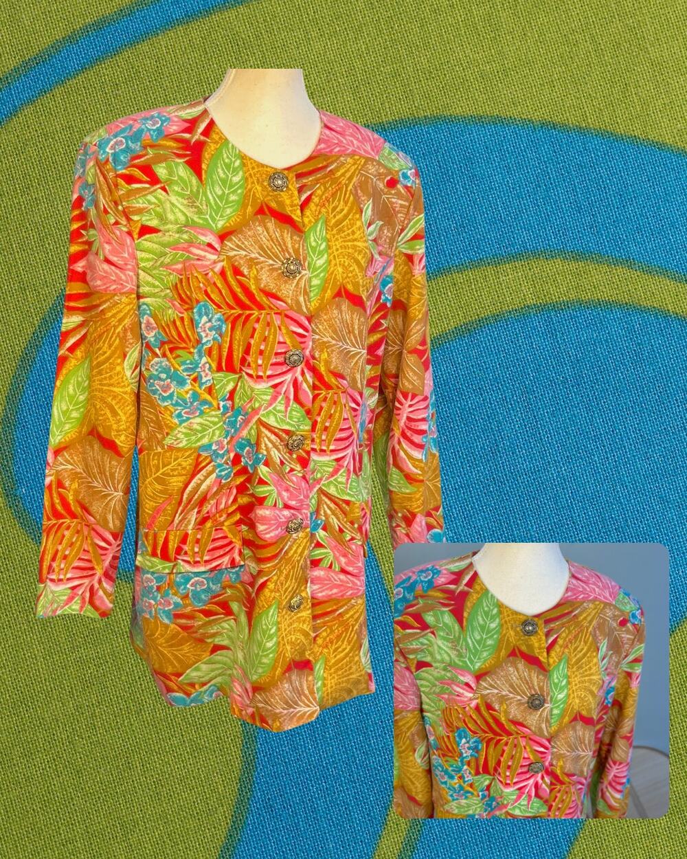 Vintage 80s Jeffrey and Tara Tropical Hawaiian Tunic Blazer Blouse Size L